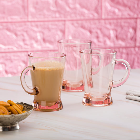 Pasabahce Heybeli Glass Mug Pink Transparent 180 ml Set of 6 Pcs, Perfect fit for Tea/Coffee.