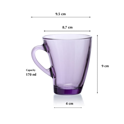 Pasabahce Penguen Purple Glass Mug Transparent 170 ml in Set of 6 Pcs, Perfect fit for Tea/Coffee.