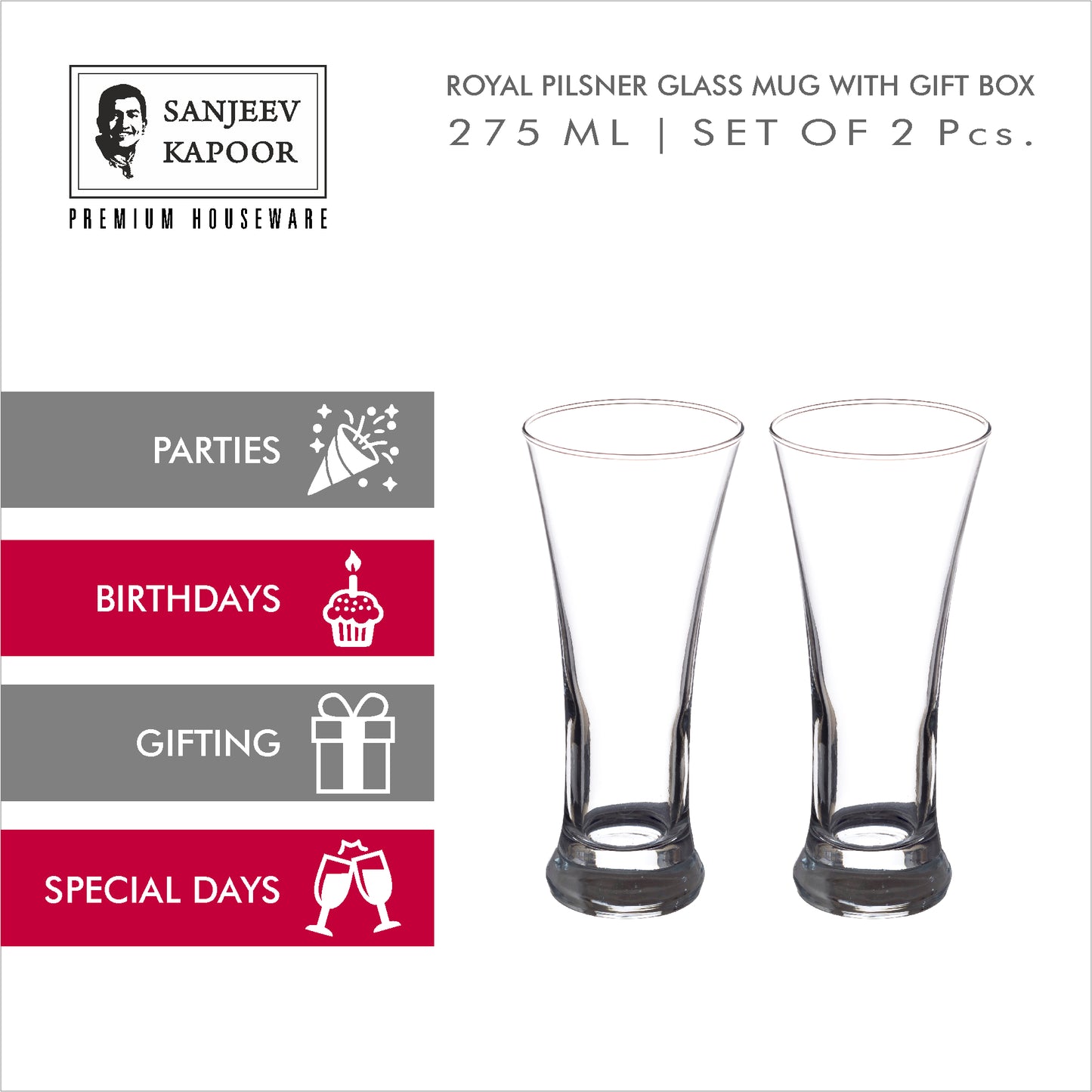 Sanjeev Kapoor Royal Pilsner Glass Set of 2 PC - 275ml, Transparent