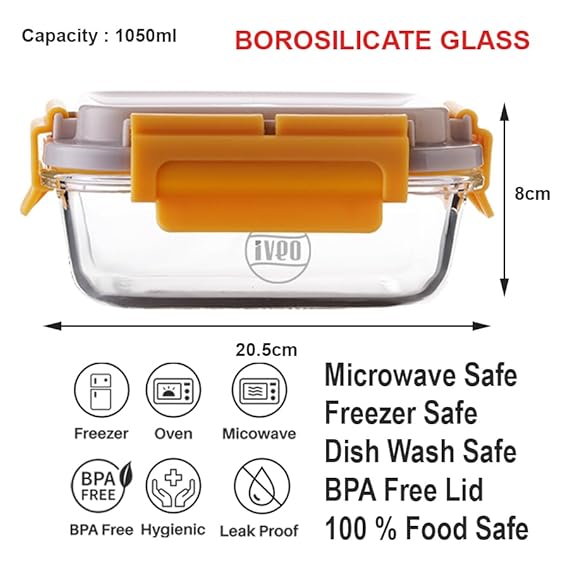 IVEO Borosilicate Glass Container, Lock Fresh | Microwave Safe Food Container | Lunch Box, Cook Serve Store | for Carrying and Storing Food | Air Tight | Leak Proof | 1050 ml, Rectangle,1 Pc,Beige