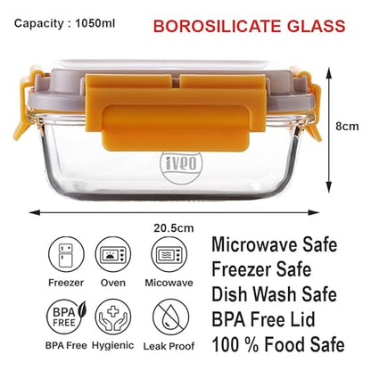 IVEO Borosilicate Glass Container, Lock Fresh | Microwave Safe Food Container | Lunch Box, Cook Serve Store | for Carrying and Storing Food | Air Tight | Leak Proof | 1050 ml, Rectangle,1 Pc,Beige