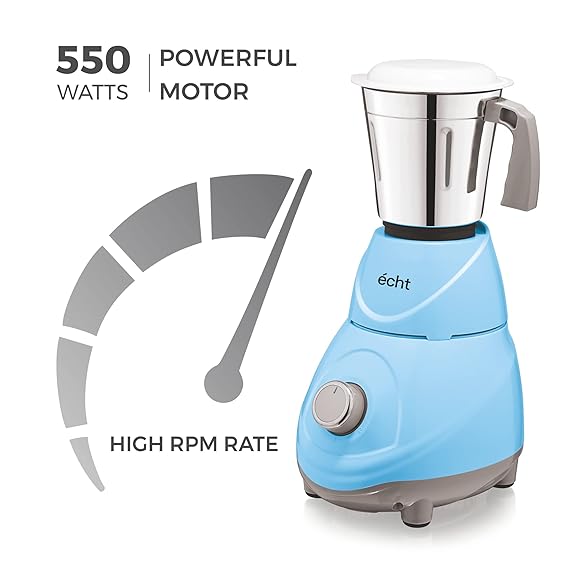 Echt RC 5s Mixer Grinder 550 Watt, 3 Stainless Steel Jars,Wet Jar (1500 ml), Multipurpose Jar (1000 ml), Chutney Jar (300 ml); with 3 Speed Control, with 2 years warranty, Blue