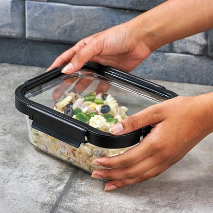 IVEO Borosilicate Glass Container, Glass N Glass | Microwave Safe Food Container | Cook Serve Store | for Carrying and Storing Food | with GLASS LID | Leak proof | 640 ml, Rectangle, 1 Pc, Black