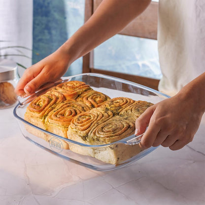 Borosilicate Glass Baking Tray by iveo, Bake Mate | Microwave Safe Tray Bake Mate | for baking, Cake, Bread, Lasagna, Delious Bakery Food | 2.0 L, Rectangle, 1 Pc, Clear