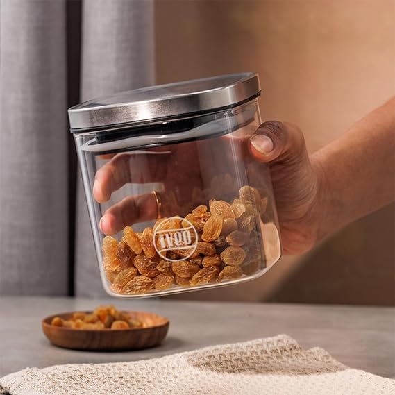 IVEO Borosilicate Glass Jar, Air Tight Jar for Kitchen | Space Saver | for Storage of Food, Pulses, Spice, Cereals, Cookies, Dry Food | With Steel Lid | Leak Proof | 800 ml, Square, 1 Pc, Clear