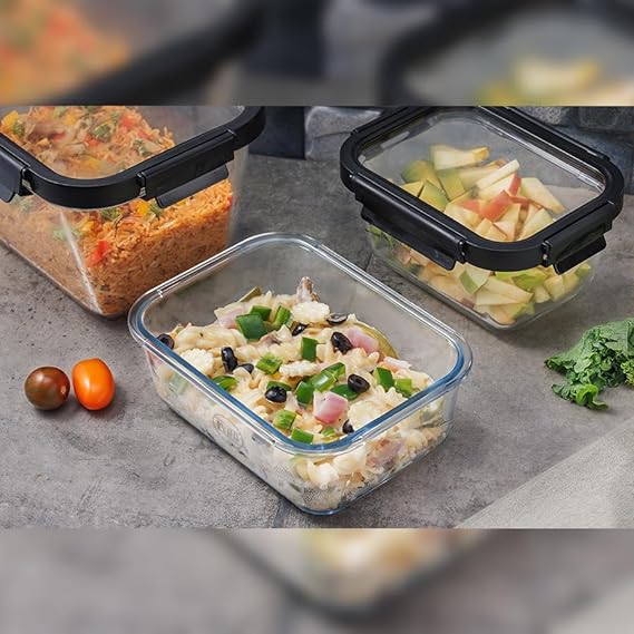 IVEO Borosilicate Glass Container, Glass N Glass | Microwave Safe Food Container | Cook Serve Store | for Carrying and Storing Food | with GLASS LID | Leak proof | 370 ml, Rectangle, 1 Pc, Black