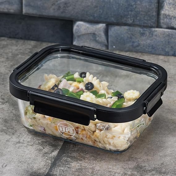 IVEO Borosilicate Glass Container, Glass N Glass | Microwave Safe Food Container | Cook Serve Store | for Carrying and Storing Food | with GLASS LID | Leak proof | 640 ml, Rectangle, 1 Pc, Black