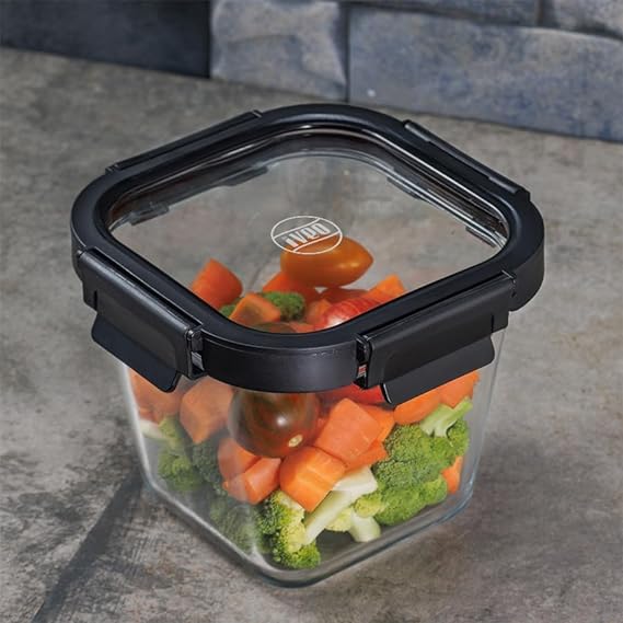 IVEO Borosilicate Glass Container, Glass N Glass | Microwave Safe Deep Food Container | Cook Serve Store | for Carrying and Storing Food | with GLASS LID | Leak proof | 850 ml, Square, 1 Pc, Black