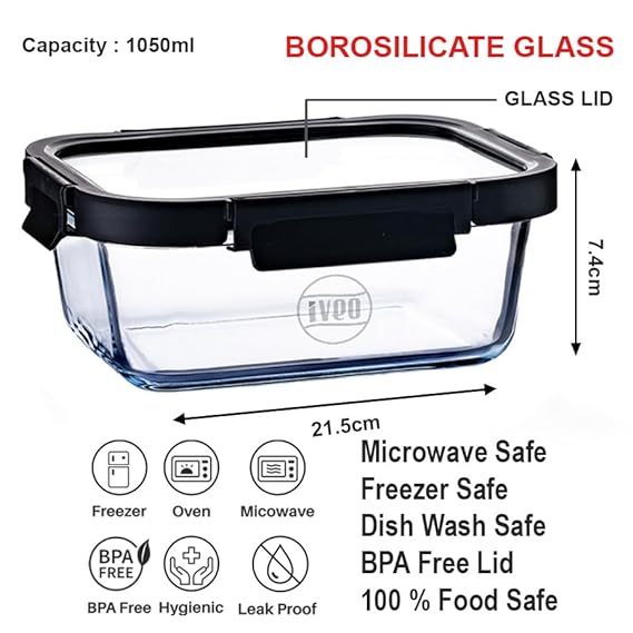 IVEO Borosilicate Glass Container, Glass N Glass | Microwave Safe Food Container | Cook Serve Store | for Carrying and Storing Food | with GLASS LID | Leak proof | 1050 ml, Rectangle, 1 Pc, Black