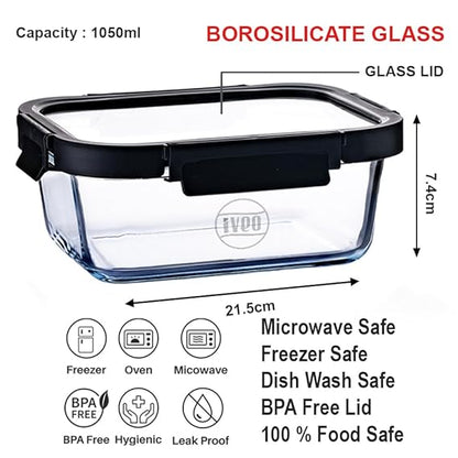 IVEO Borosilicate Glass Container, Glass N Glass | Microwave Safe Food Container | Cook Serve Store | for Carrying and Storing Food | with GLASS LID | Leak proof | 1050 ml, Rectangle, 1 Pc, Black