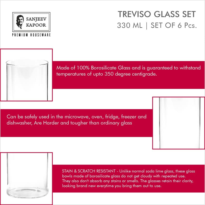 Sanjeev Kapoor Treviso Borosilicate Glass Set of 6 pcs, 330ml