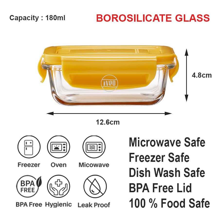 IVEO Borosilicate Glass Container, Fresh Nano | Microwave Safe Mini Food Container | Lunch Box | for Carrying and Storing Food | Air Tight | Leak Proof Food Storage | 180 ml, Rectangle,1 Pc,Yellow