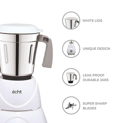 Echt RC 5s Mixer Grinder 550 Watt, 3 Stainless Steel Jars,Wet Jar (1500 ml), Multipurpose Jar (1000 ml), Chutney Jar (300 ml); with 3 Speed Control, with 2 years warranty, White