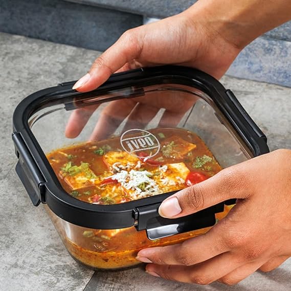 IVEO Borosilicate Glass Container, Glass N Glass | Microwave Safe Food Container | Cook Serve Store | for Carrying and Storing Food | with GLASS LID | Leak proof | 1100 ml, Square, 1 Pc, Black