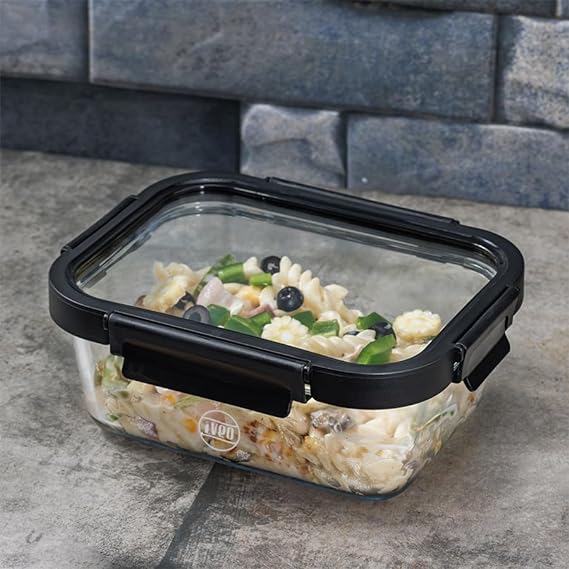 IVEO Borosilicate Glass Container, Glass N Glass | Microwave Safe Food Container | Cook Serve Store | for Carrying and Storing Food | with GLASS LID | Leak proof | 370 ml, Rectangle, 1 Pc, Black