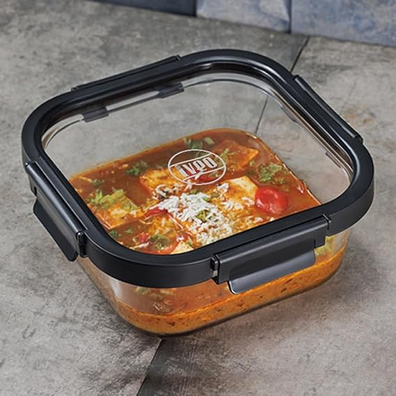 IVEO Borosilicate Glass Container, Glass N Glass | Microwave Safe Food Container | Cook Serve Store | for Carrying and Storing Food | with GLASS LID | Leak proof | 800 ml, Square, 1 Pc, Black