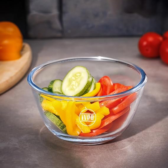 Iveo Borosilicate Glass Mixing and Serving Bowl, Microwave Safe Bowl for Mixing Cooking and Serving Mix Max | for Mixing, Cooking in Oven | Serving Bowl | 750 ml, Round, 2 Pcs, Clear