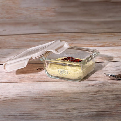 IVEO Borosilicate Glass Container, Fresh Nano | Microwave Safe Mini Food Container | Lunch Box | for Carrying and Storing Food | Air Tight | Leak Proof Food Storage | 150 ml, Square, 1 Pc, Beige