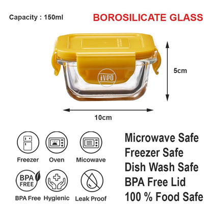 IVEO Borosilicate Glass Container, Fresh Nano | Microwave Safe Mini Food Container | Lunch Box | for Carrying and Storing Food | Air Tight | Leak Proof Food Storage | 150 ml, Square, 1 Pc, Yellow