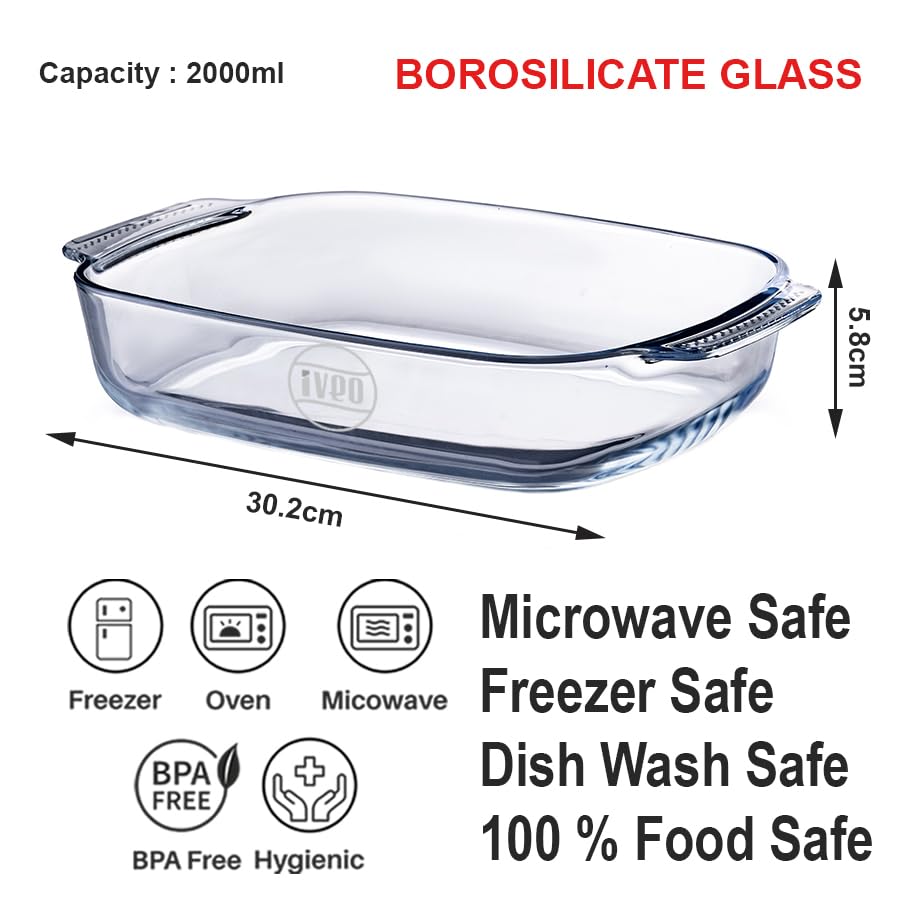 Borosilicate Glass Baking Tray by iveo, Bake Mate | Microwave Safe Tray Bake Mate | for baking, Cake, Bread, Lasagna, Delious Bakery Food | 2.0 L, Rectangle, 1 Pc, Clear