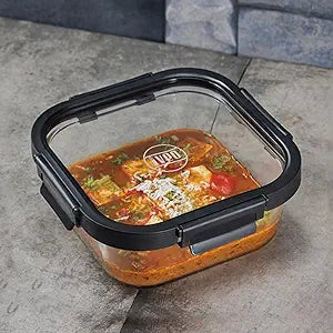 IVEO Borosilicate Glass Container, Glass N Glass | Microwave Safe Food Container | Cook Serve Store | for Carrying and Storing Food | with GLASS LID | Leak proof | 520 ml, Square, 1 Pc, Black