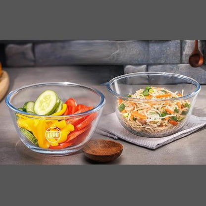 Iveo Borosilicate Glass Mixing and Serving Bowl, Microwave Safe Bowl for Mixing Cooking and Serving Mix Max | for Mixing, Cooking in Oven | Serving Bowl | 750 ml, Round, 2 Pcs, Clear