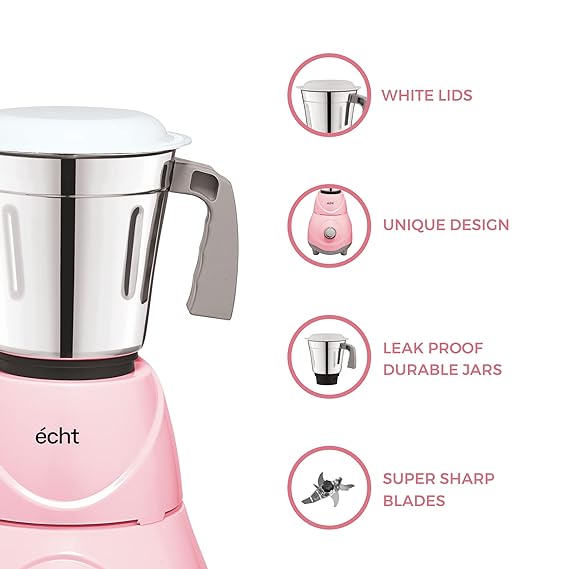 Echt RC 5s Mixer Grinder 550 Watt, 3 Stainless Steel Jars,Wet Jar (1500 ml), Multipurpose Jar (1000 ml), Chutney Jar (300 ml); with 3 Speed Control, with 2 years warranty, Pink