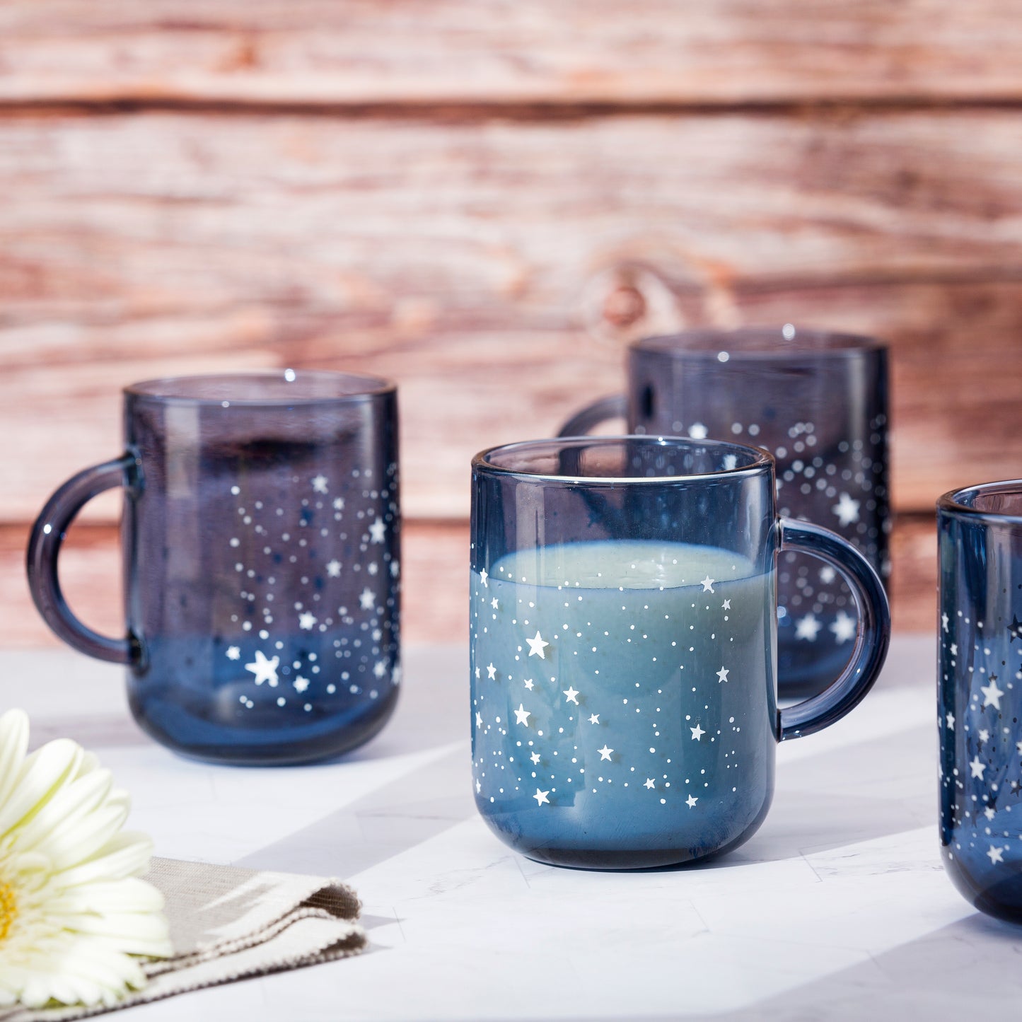 Pasabahce Night Sky Blue Glass Printed Mug Transparent 330 ml in Set of 4 Pcs, Perfect fit for Milk/Tea/Coffee.