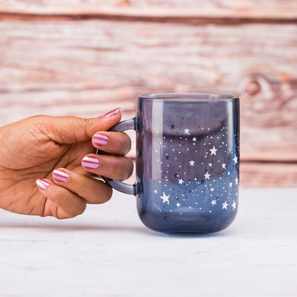 Pasabahce Night Sky Blue Glass Printed Mug Transparent 330 ml in Set of 4 Pcs, Perfect fit for Milk/Tea/Coffee.