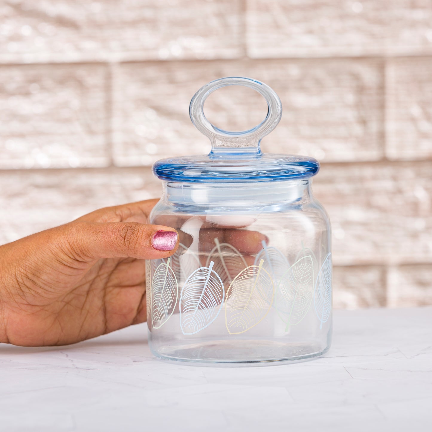 Pasabahce Kitchen Leaves Glass Jar Printed Transparent 575 ml in Set of 1 Pcs.