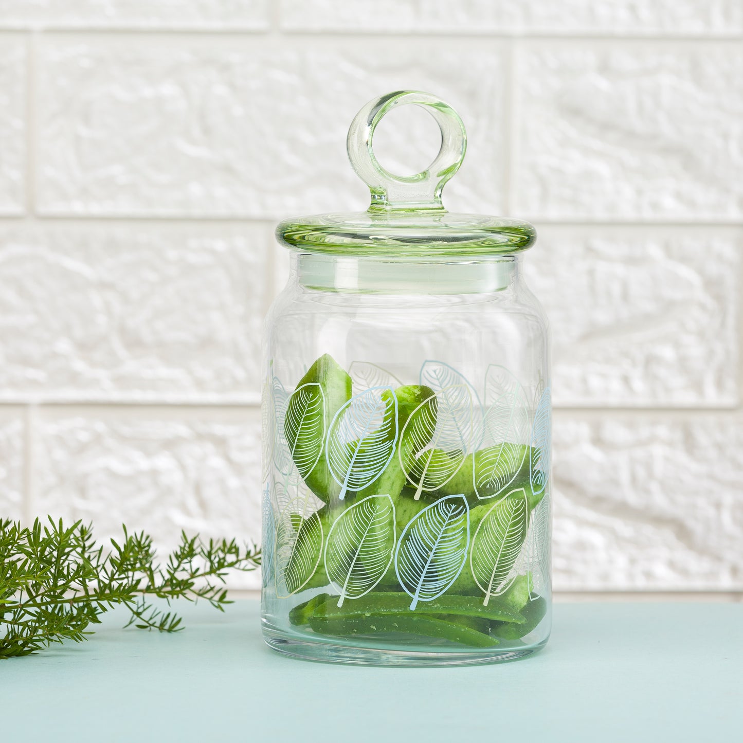 Pasabahce Kitchen Leaves Glass Jar Printed Transparent 860 ml in Set of 1 Pcs.