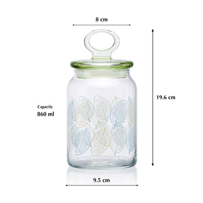 Pasabahce Kitchen Leaves Glass Jar Printed Transparent 860 ml in Set of 1 Pcs.