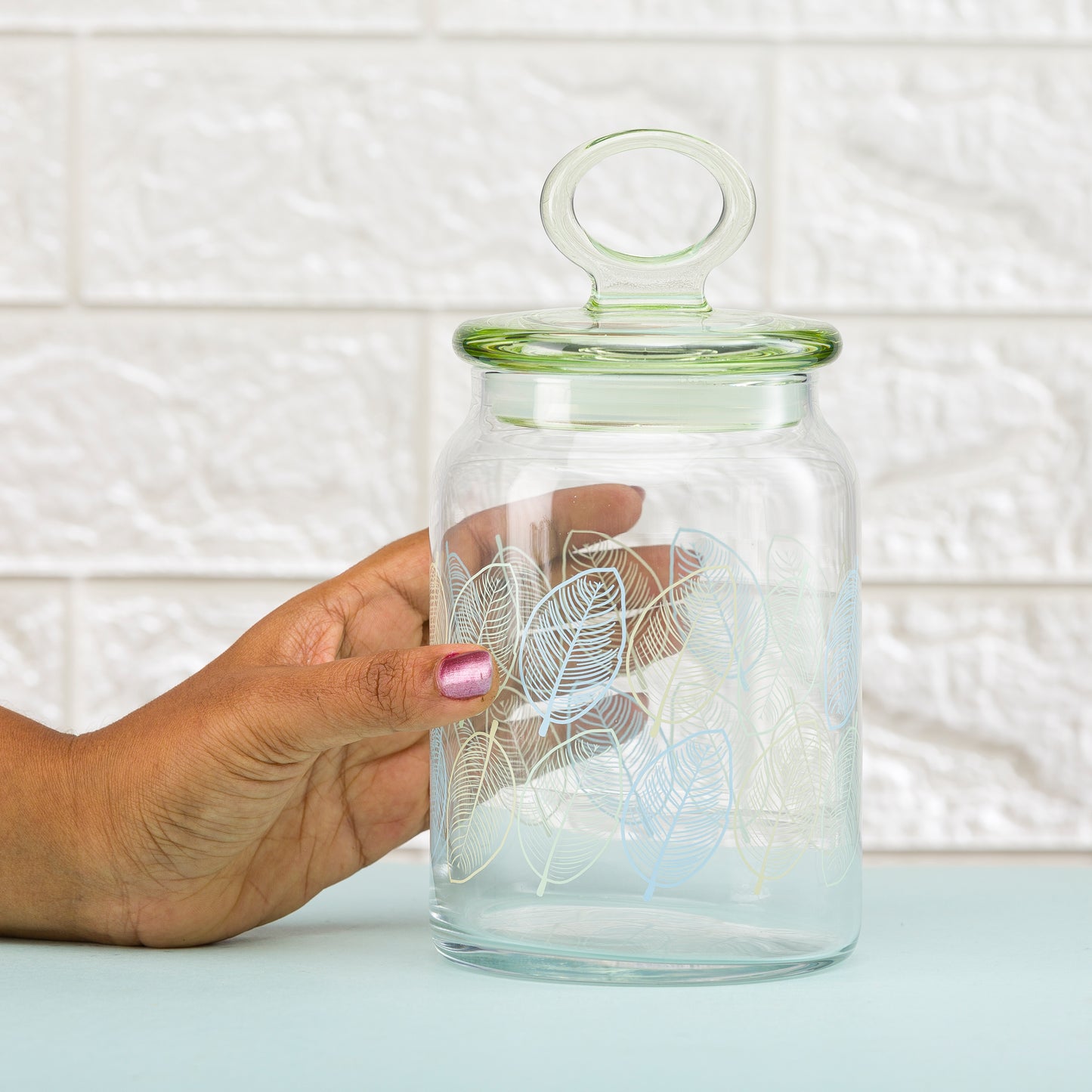 Pasabahce Kitchen Leaves Glass Jar Printed Transparent 860 ml in Set of 1 Pcs.