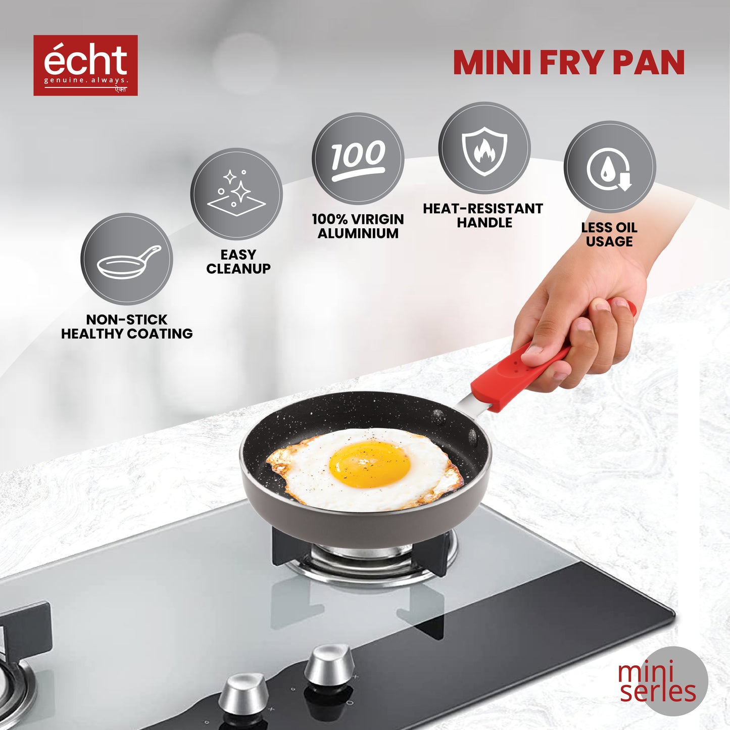 ECHT Granite Mini Series Non Stick Combo of 3 (15.5 cm Frying Pan,13cm Sauce pan and 13cm Grill pan, Idle for Single Serving and Quick Snacks. Saute,Frying and rotis vegies and Omelettes, Grey