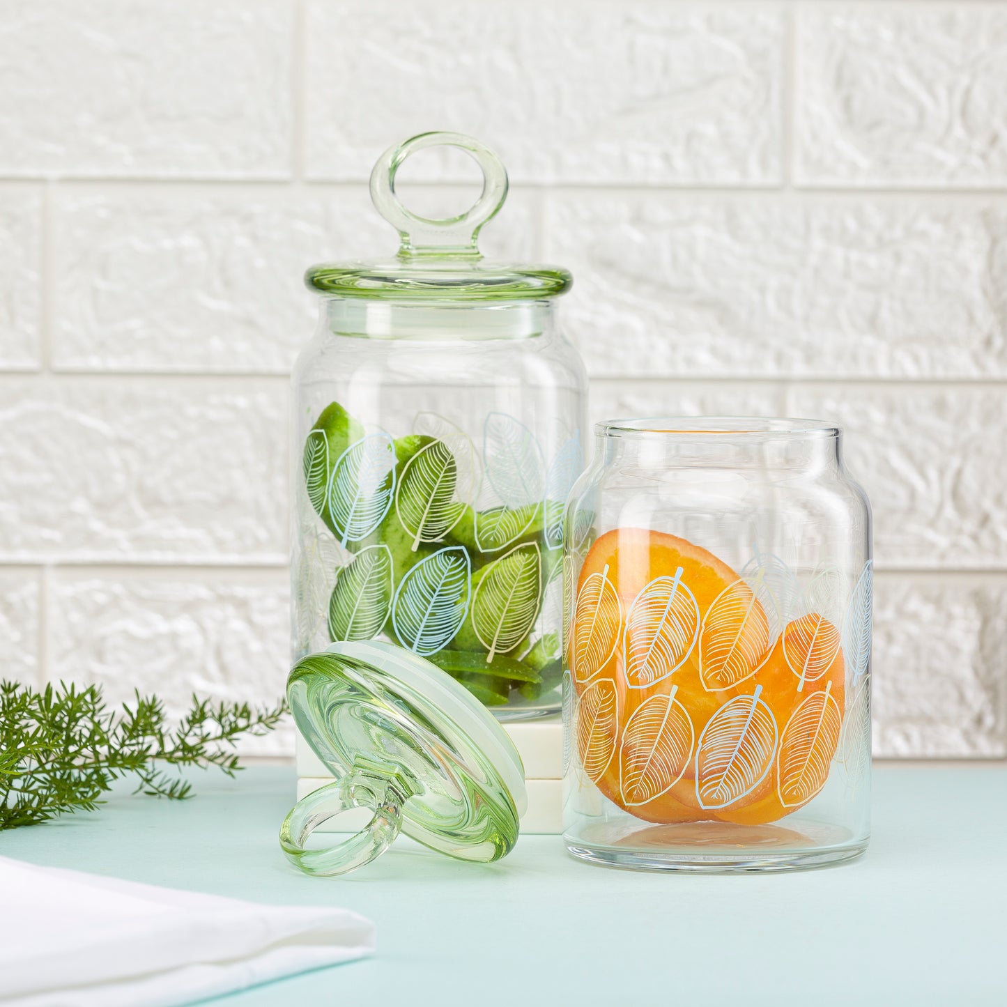 Pasabahce Kitchen Leaves Glass Jar Printed Transparent 860 ml in Set of 2 Pcs.