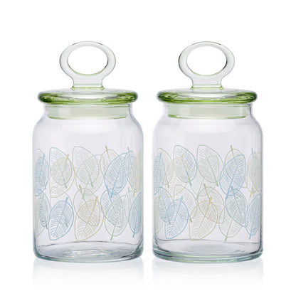 Pasabahce Kitchen Leaves Glass Jar Printed Transparent 860 ml in Set of 2 Pcs.