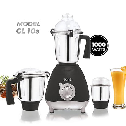 Echt GL 10S Mixer Grinder 1000 Watt, 3 Stainless Steel Jars, Wet Jar (1500 ml), Multipurpose Jar (1000 ml) and Chutney Jar (300ml); with 3 Speed Control, with 2 years warranty, Black