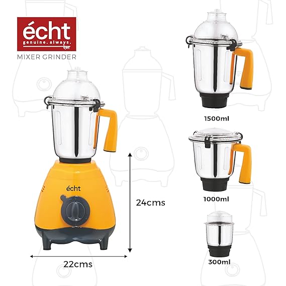 Echt GL 7S Mixer Grinder 750 Watt, 3 Stainless Steel Jars, Wet Jar (1500 ml), Multipurpose Jar (1000 ml) and Chutney Jar (300ml); with 3 Speed Control, with 2 years warranty, Mango + Grey