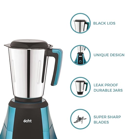 Echt NT 7s Mixer Grinder 750 Watt, 3 Stainless Steel Jars,Wet Jar (1500 ml), Multipurpose Jar (1000 ml), Chutney Jar (300ml); with 3 Speed Control, with 2 years warranty, Blue