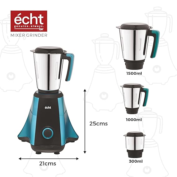 Echt NT 7s Mixer Grinder 750 Watt, 3 Stainless Steel Jars,Wet Jar (1500 ml), Multipurpose Jar (1000 ml), Chutney Jar (300ml); with 3 Speed Control, with 2 years warranty, Blue