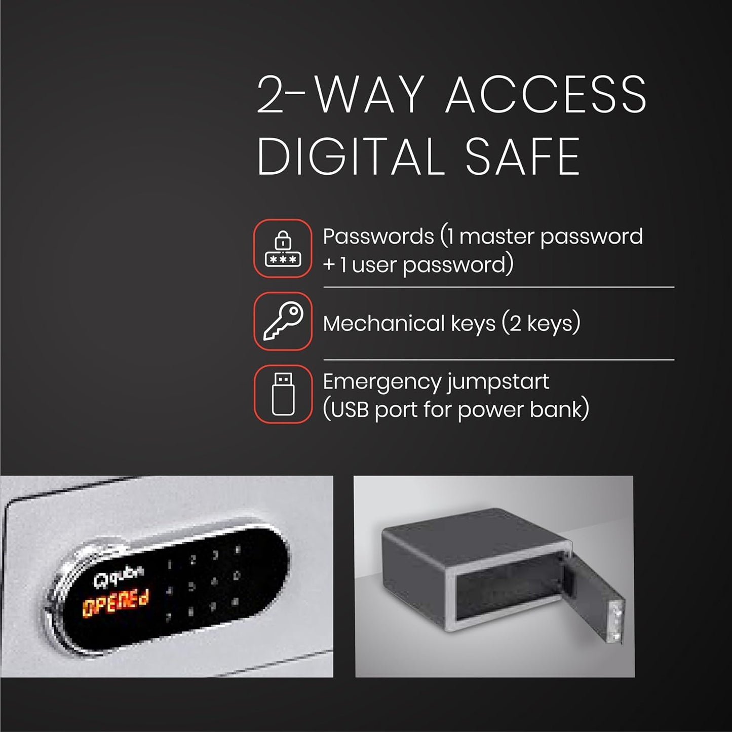 Quba Digital Safe: Absolute 2 Way Access Dual Bolt Motorized Lock, 2 Password Sets, Low Battery Alarm, Wrong Password Alert, Locked & Opened Signal