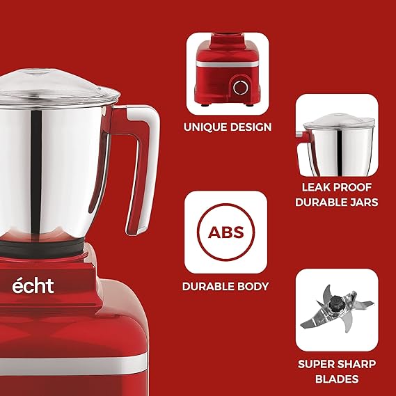 Echt RP 10s Mixer Grinder 1000 Watt,4 Stainless Steel Jars,Wet Jar (1500 ml), Multipurpose Jar (1000 ml), Chutney Jar (300 ml) and Chopper Jar (500ml);3 Speed Control, with 2 years warranty, Red