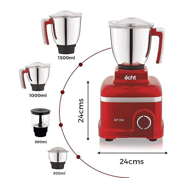 Echt RP 10s Mixer Grinder 1000 Watt,4 Stainless Steel Jars,Wet Jar (1500 ml), Multipurpose Jar (1000 ml), Chutney Jar (300 ml) and Chopper Jar (500ml);3 Speed Control, with 2 years warranty, Red