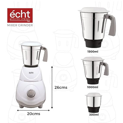 Echt RC 5s Mixer Grinder 550 Watt, 3 Stainless Steel Jars,Wet Jar (1500 ml), Multipurpose Jar (1000 ml), Chutney Jar (300 ml); with 3 Speed Control, with 2 years warranty, White