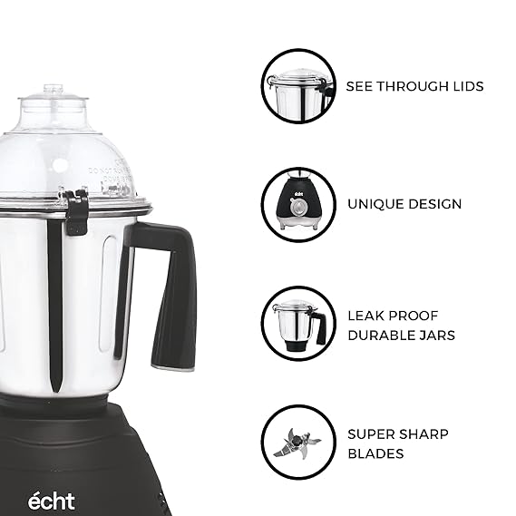 Echt GL 10S Mixer Grinder 1000 Watt, 3 Stainless Steel Jars, Wet Jar (1500 ml), Multipurpose Jar (1000 ml) and Chutney Jar (300ml); with 3 Speed Control, with 2 years warranty, Black