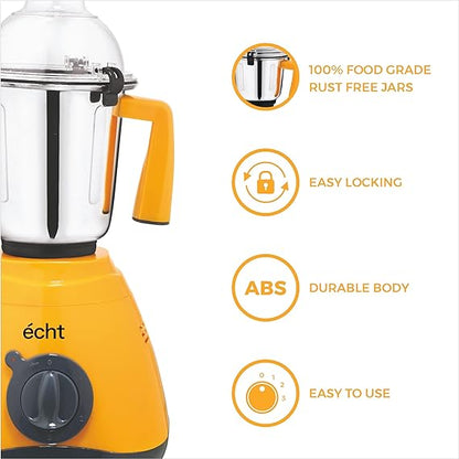 Echt GL 7S Mixer Grinder 750 Watt, 3 Stainless Steel Jars, Wet Jar (1500 ml), Multipurpose Jar (1000 ml) and Chutney Jar (300ml); with 3 Speed Control, with 2 years warranty, Mango + Grey