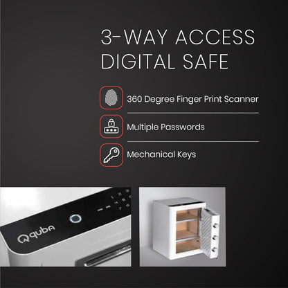 Quba Cleo Heavy-Duty Digital Safe | 25kg | 3 Shooting Bolt | 3 Way Access |100 Fingerprints | Password | Mechanical Keys | Dual Authorization, Wrong Password Alert