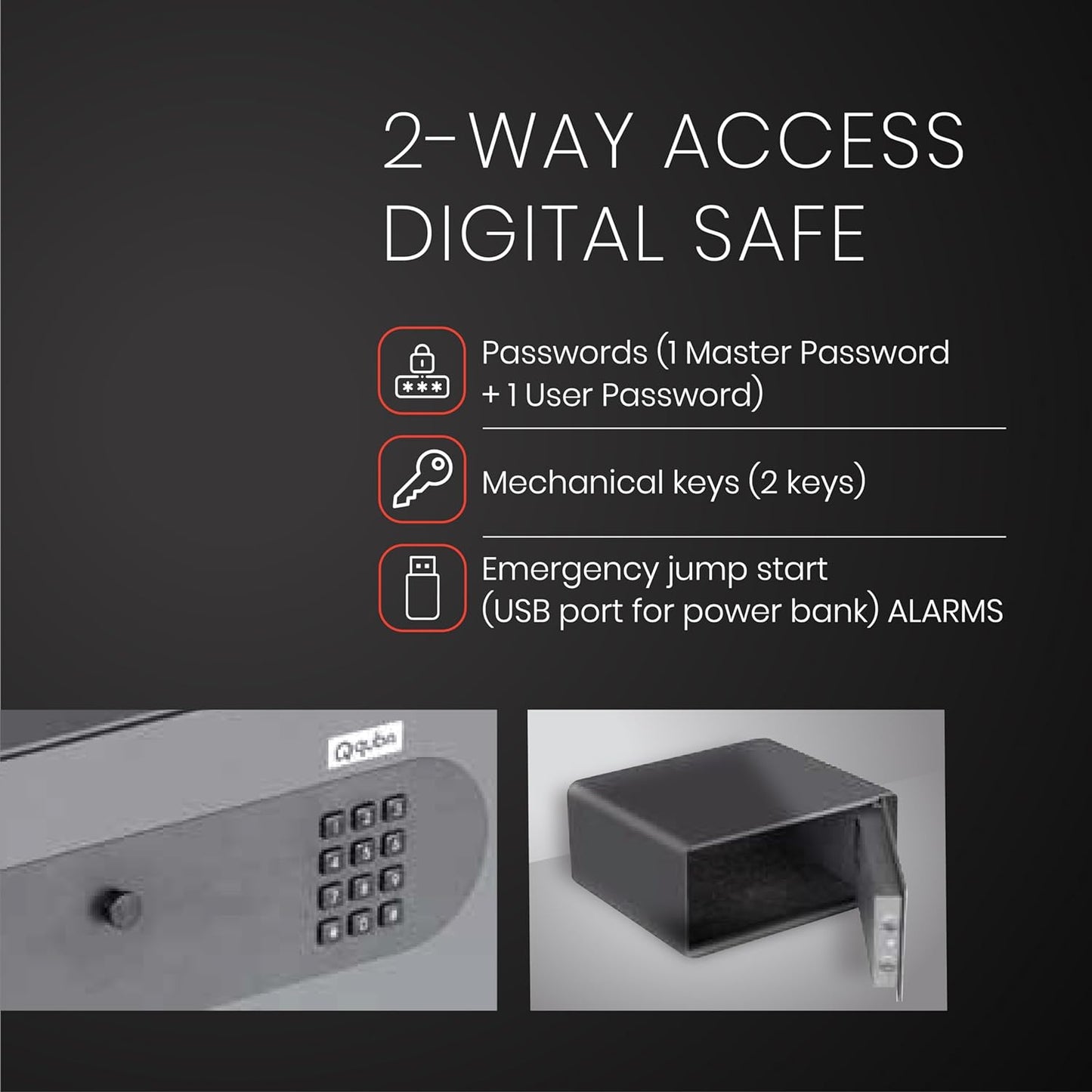 Quba Digital Safe: Pristine 2-way Access Dual Bolt Motorized Lock, Two Password Sets, Low Battery Alarm, Wrong Password Alert, Locked & Opened Signal