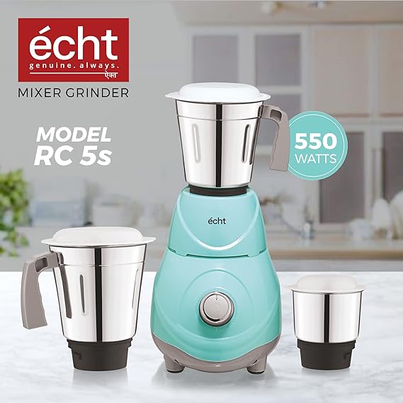 Echt RC 5s Mixer Grinder 550 Watt, 3 Stainless Steel Jars,Wet Jar (1500 ml), Multipurpose Jar (1000 ml), Chutney Jar (300 ml); with 3 Speed Control, with 2 years warranty, Green