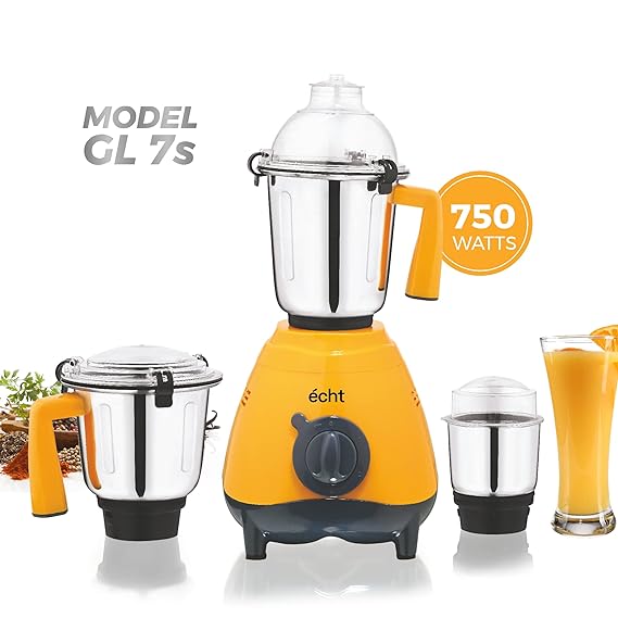 Echt GL 7S Mixer Grinder 750 Watt, 3 Stainless Steel Jars, Wet Jar (1500 ml), Multipurpose Jar (1000 ml) and Chutney Jar (300ml); with 3 Speed Control, with 2 years warranty, Mango + Grey